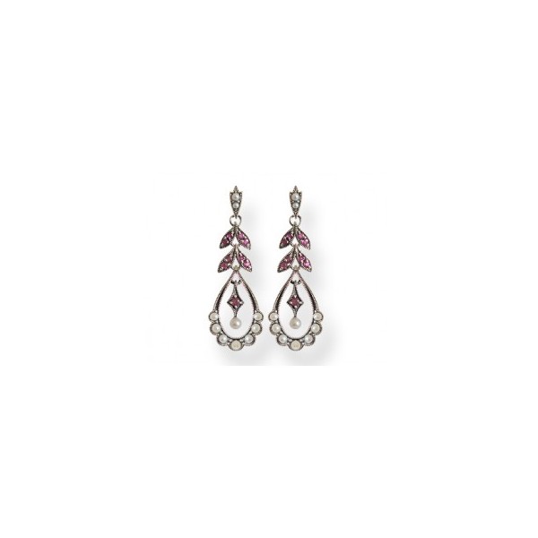 Boucles d'Oreilles Ovale Pendante en Argent avec Rubis et Perle de Culture