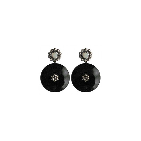 Boucles d'Oreilles Vintage Ronde en Argent et onyx et Opale