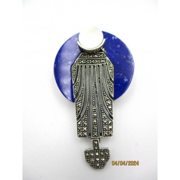 Broche Ancienne en Argent avec Lapis Lazuli et Nacre