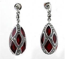 Boucles d'oreilles art déco en argent ety émail rouge