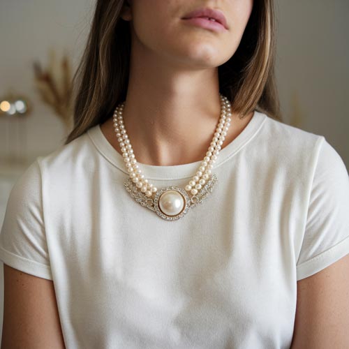 Femme portant un t-shirt blanc avec un collier vintage